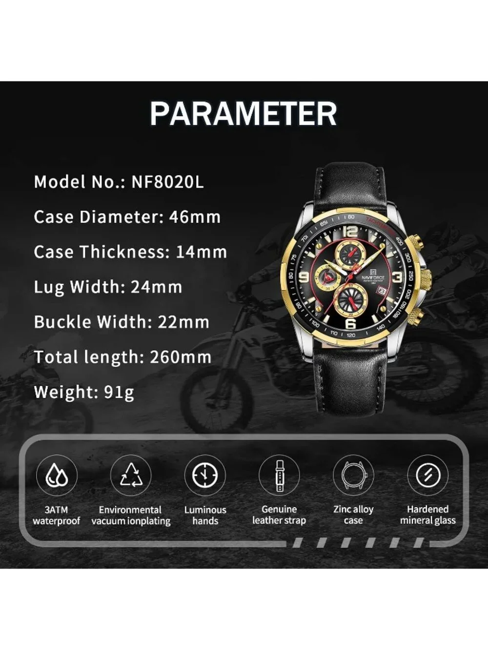 Men's Gold Black Analog Quartz Chronograph Leather Strap Fashion Wrist Watch